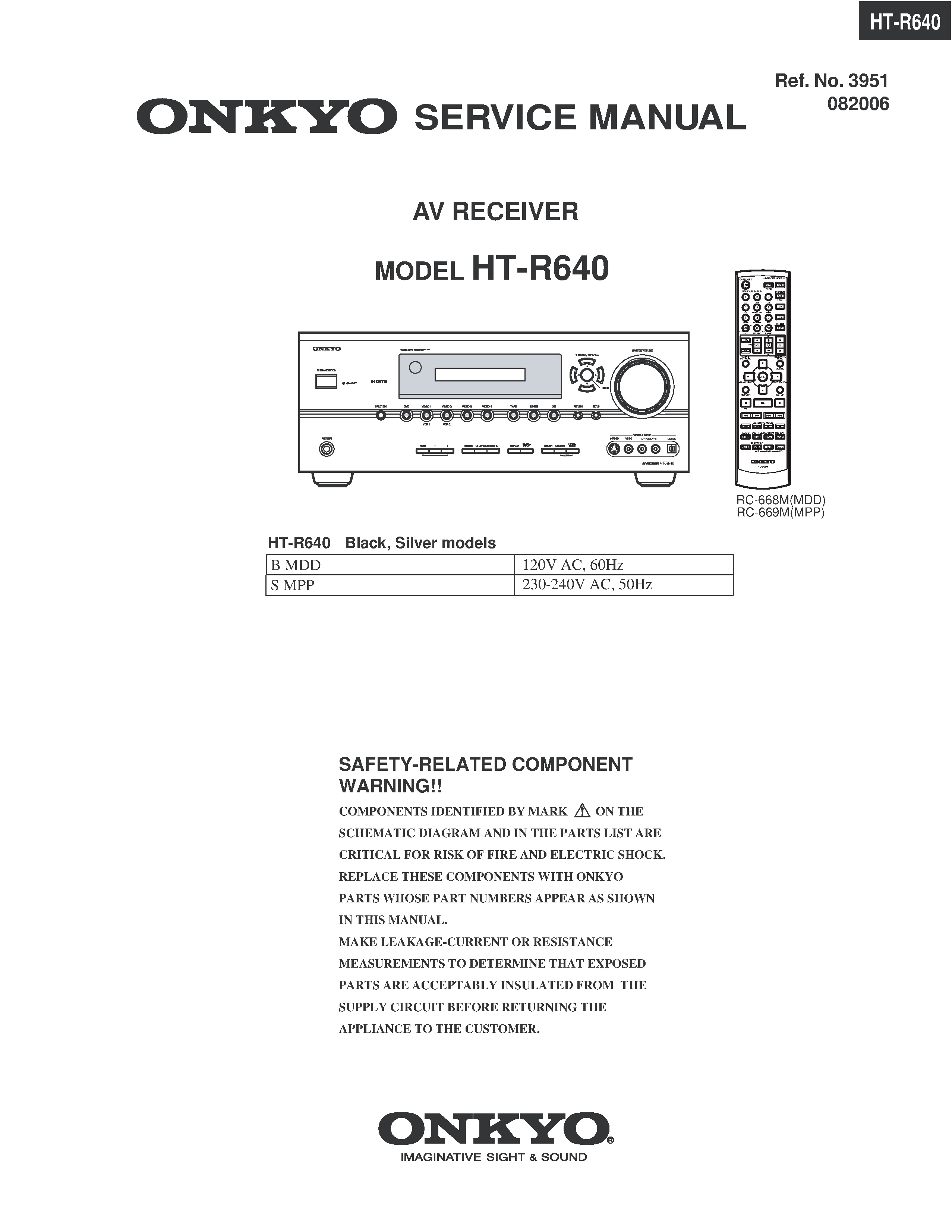 Onkyo ht r640 service manual cover with an image of the device and its remote control, model type and code, manual issue date and service safety precaution notice