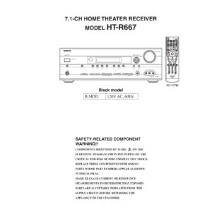 Onkyo ht r667 service manual cover with an image of the device and its remote control, model type and code, manual issue date and service safety precaution notice