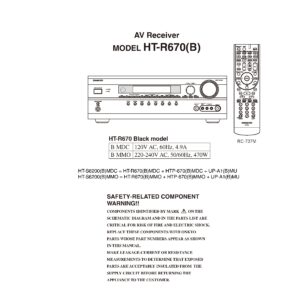Onkyo ht r670 service manual cover with an image of the device and its remote control, model type and code, manual issue date and service safety precaution notice
