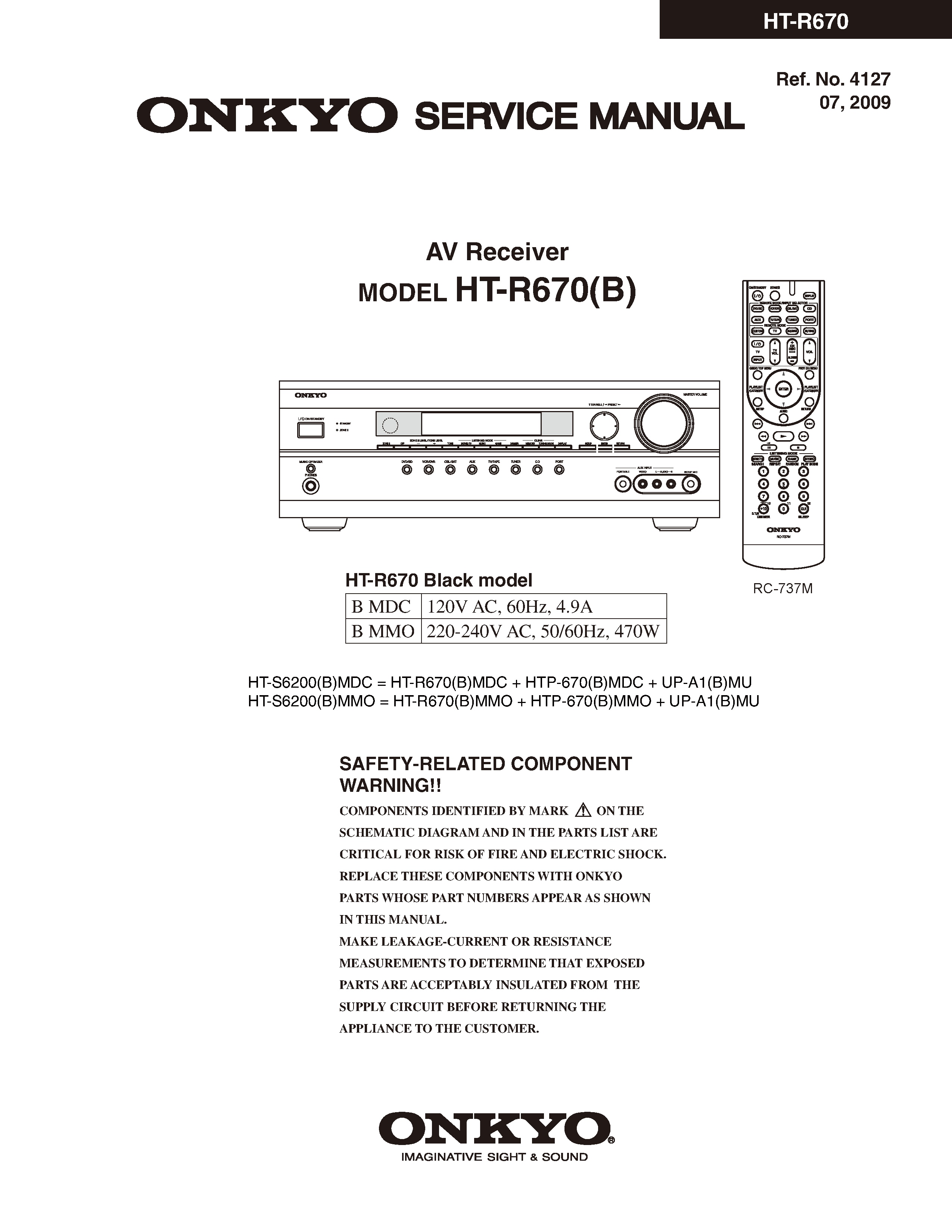 Onkyo ht r670 service manual cover with an image of the device and its remote control, model type and code, manual issue date and service safety precaution notice