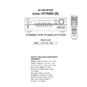 Onkyo ht r680 service manual cover with an image of the device and its remote control, model type and code, manual issue date and service safety precaution notice