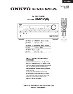 Onkyo ht r690 service manual cover with an image of the device and its remote control, model type and code, manual issue date and service safety precaution notice
