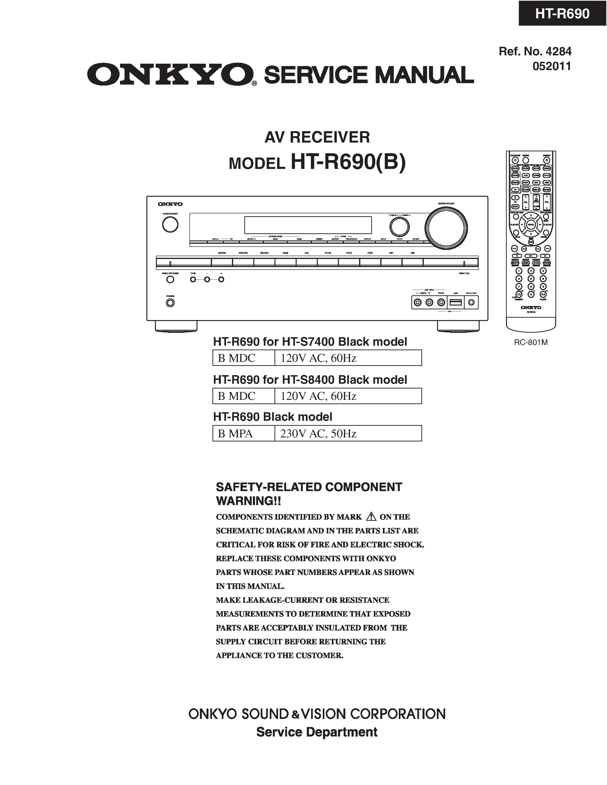 Onkyo ht r690 service manual cover with an image of the device and its remote control, model type and code, manual issue date and service safety precaution notice