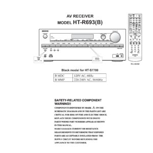 Onkyo ht r693 service manual cover with an image of the device and its remote control, model type and code, manual issue date and service safety precaution notice