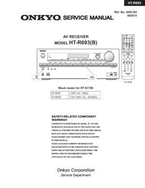 Onkyo ht r693 service manual cover with an image of the device and its remote control, model type and code, manual issue date and service safety precaution notice