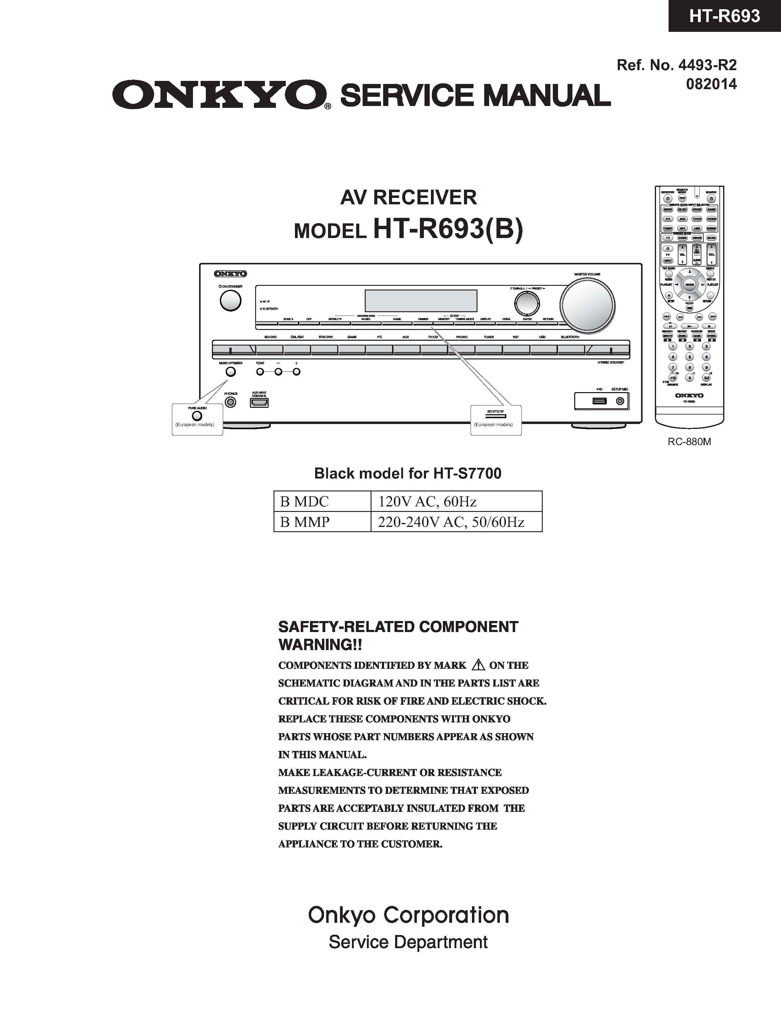 Onkyo ht r693 service manual cover with an image of the device and its remote control, model type and code, manual issue date and service safety precaution notice