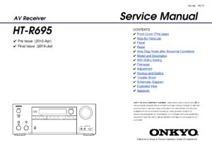 Onkyo ht r695 service manual cover with an image of the device and its remote control, model type and code, manual issue date and service safety precaution notice