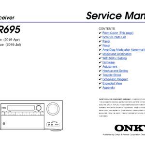 Onkyo ht r695 service manual cover with an image of the device and its remote control, model type and code, manual issue date and service safety precaution notice