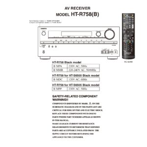Onkyo ht r758 service manual cover with an image of the device and its remote control, model type and code, manual issue date and service safety precaution notice