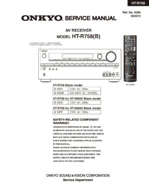 Onkyo ht r758 service manual cover with an image of the device and its remote control, model type and code, manual issue date and service safety precaution notice