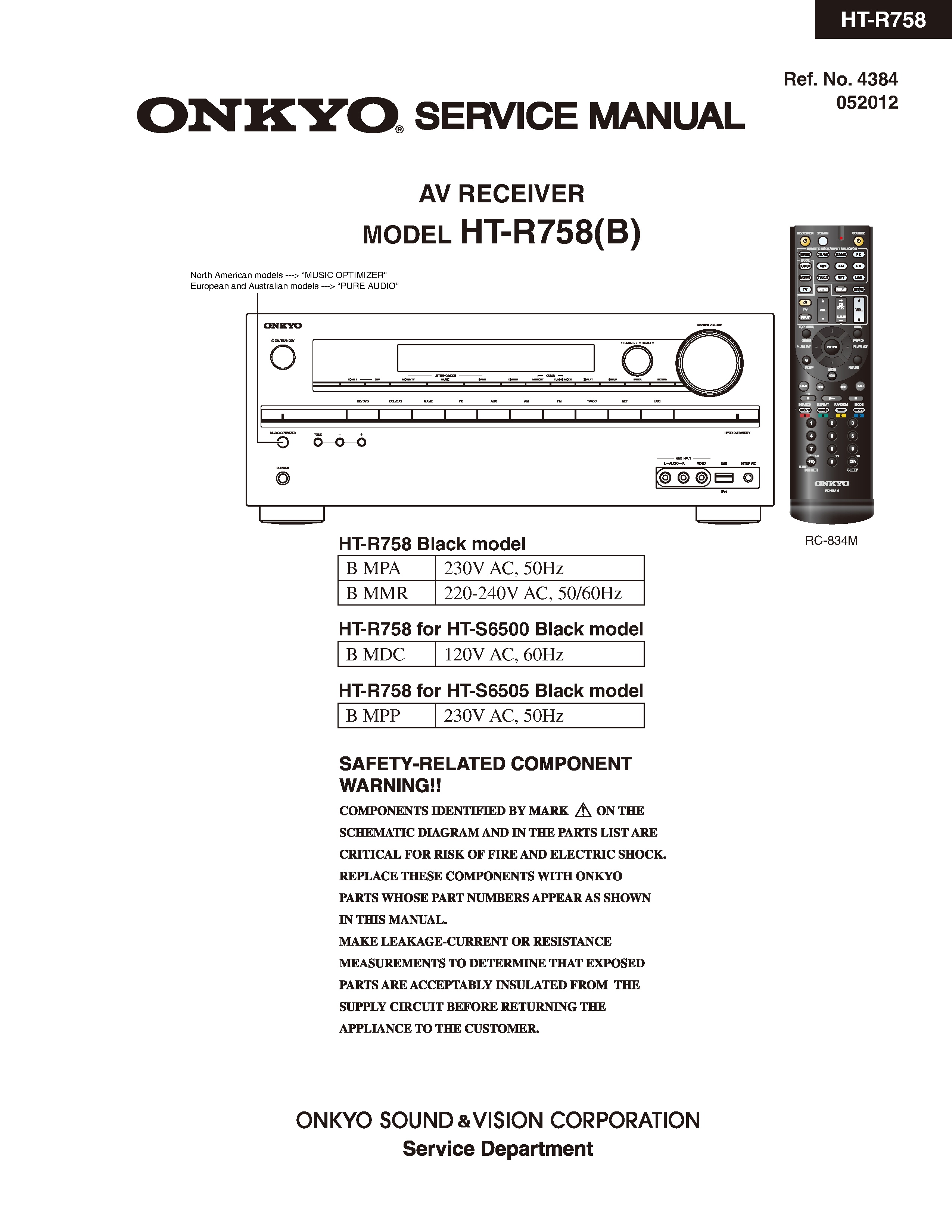 Onkyo ht r758 service manual cover with an image of the device and its remote control, model type and code, manual issue date and service safety precaution notice