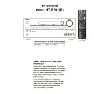 Onkyo ht r791 service manual cover with an image of the device and its remote control, model type and code, manual issue date and service safety precaution notice