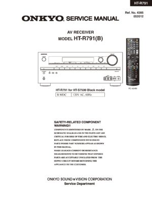 Onkyo ht r791 service manual cover with an image of the device and its remote control, model type and code, manual issue date and service safety precaution notice