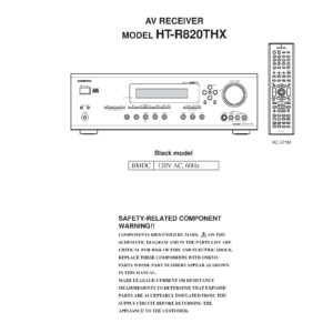 Onkyo ht r820thx service manual cover with an image of the device and its remote control, model type and code, manual issue date and service safety precaution notice