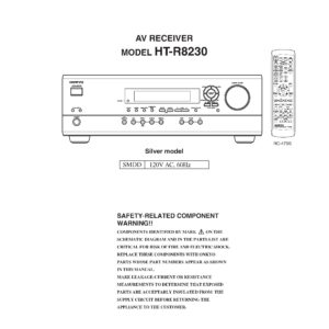 Onkyo ht r8230 service manual cover with an image of the device and its remote control, model type and code, manual issue date and service safety precaution notice