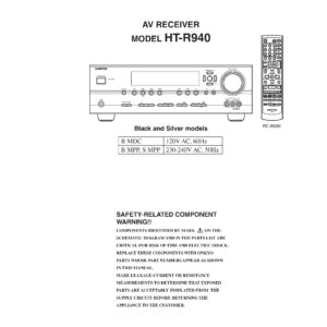 Onkyo ht r940 service manual cover with an image of the device and its remote control, model type and code, manual issue date and service safety precaution notice