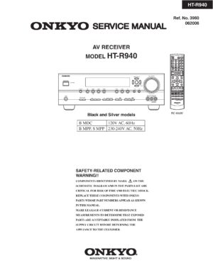 Onkyo ht r940 service manual cover with an image of the device and its remote control, model type and code, manual issue date and service safety precaution notice