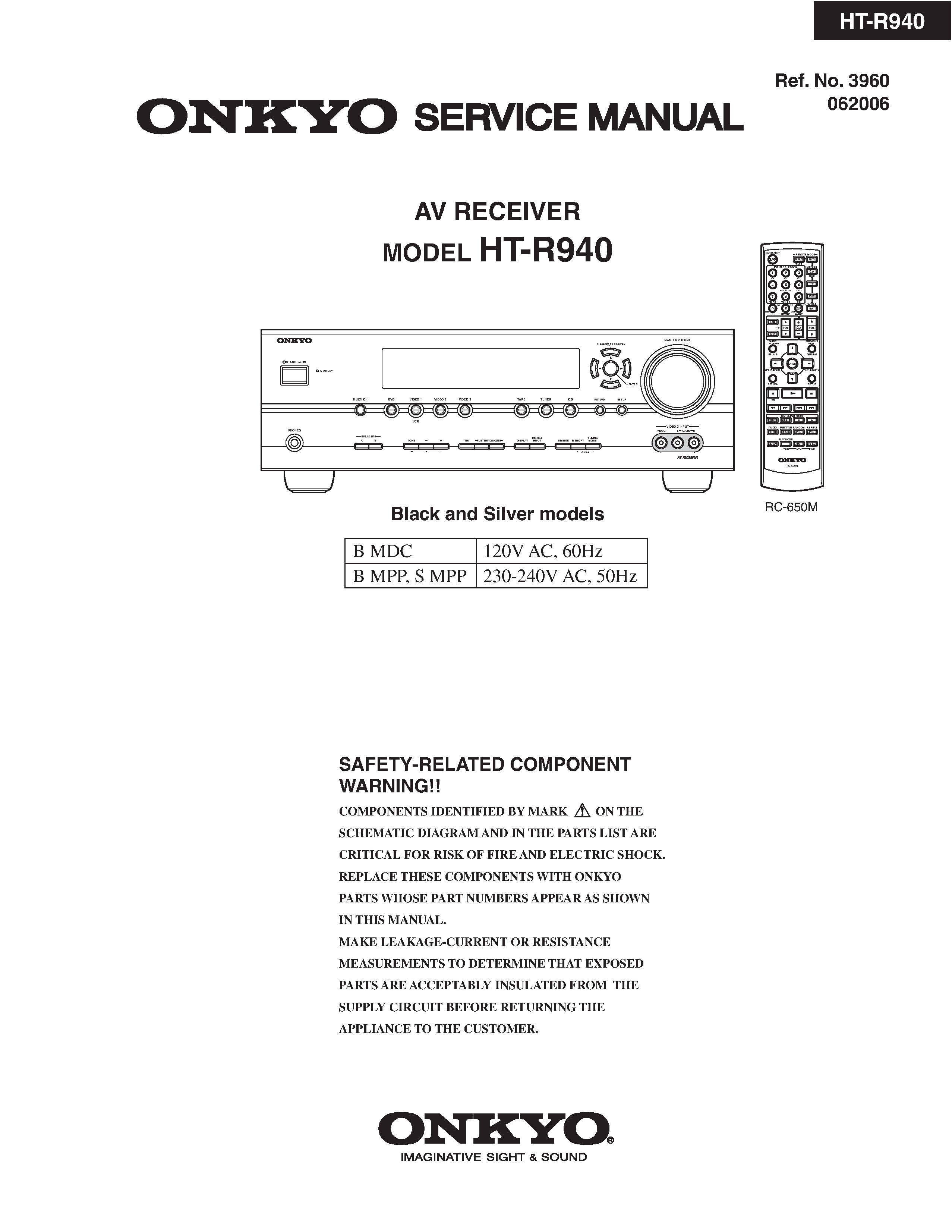 Onkyo ht r940 service manual cover with an image of the device and its remote control, model type and code, manual issue date and service safety precaution notice