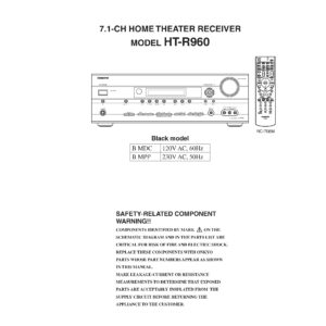 Onkyo ht r960 service manual cover with an image of the device and its remote control, model type and code, manual issue date and service safety precaution notice