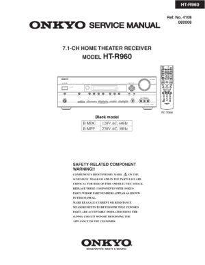 Onkyo ht r960 service manual cover with an image of the device and its remote control, model type and code, manual issue date and service safety precaution notice