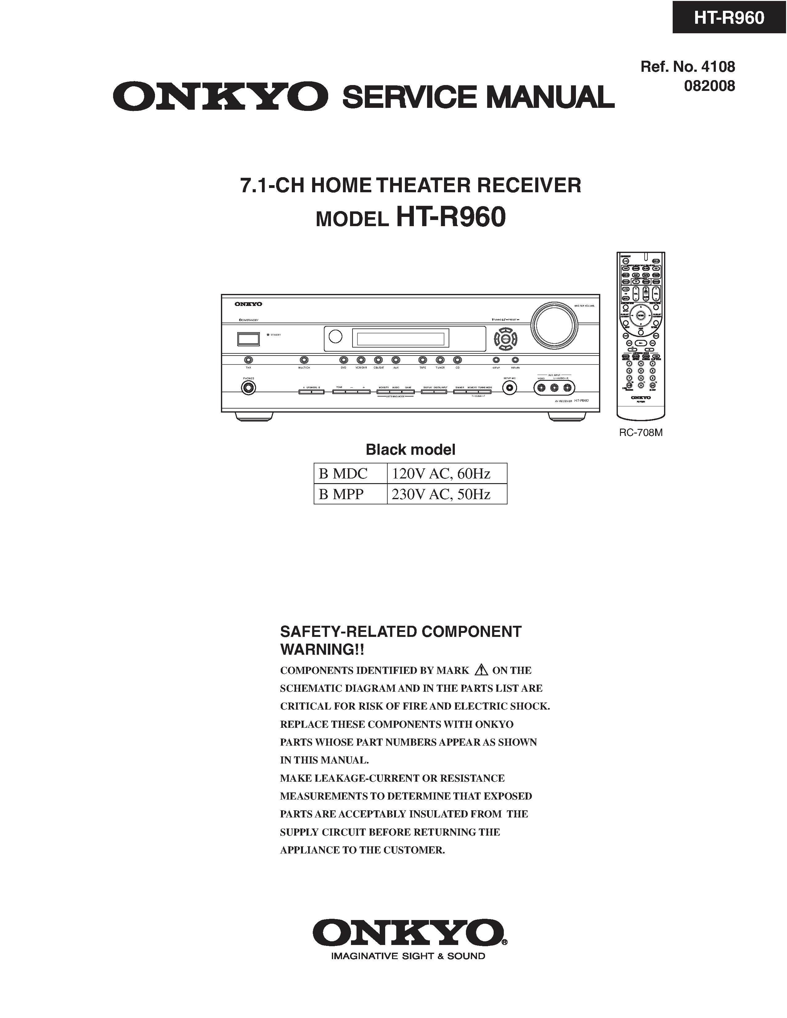 Onkyo ht r960 service manual cover with an image of the device and its remote control, model type and code, manual issue date and service safety precaution notice