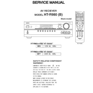 Onkyo ht r980 service manual cover with an image of the device and its remote control, model type and code, manual issue date and service safety precaution notice