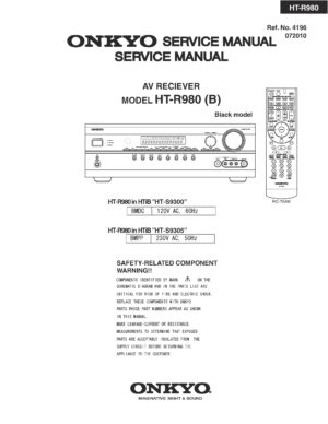Onkyo ht r980 service manual cover with an image of the device and its remote control, model type and code, manual issue date and service safety precaution notice