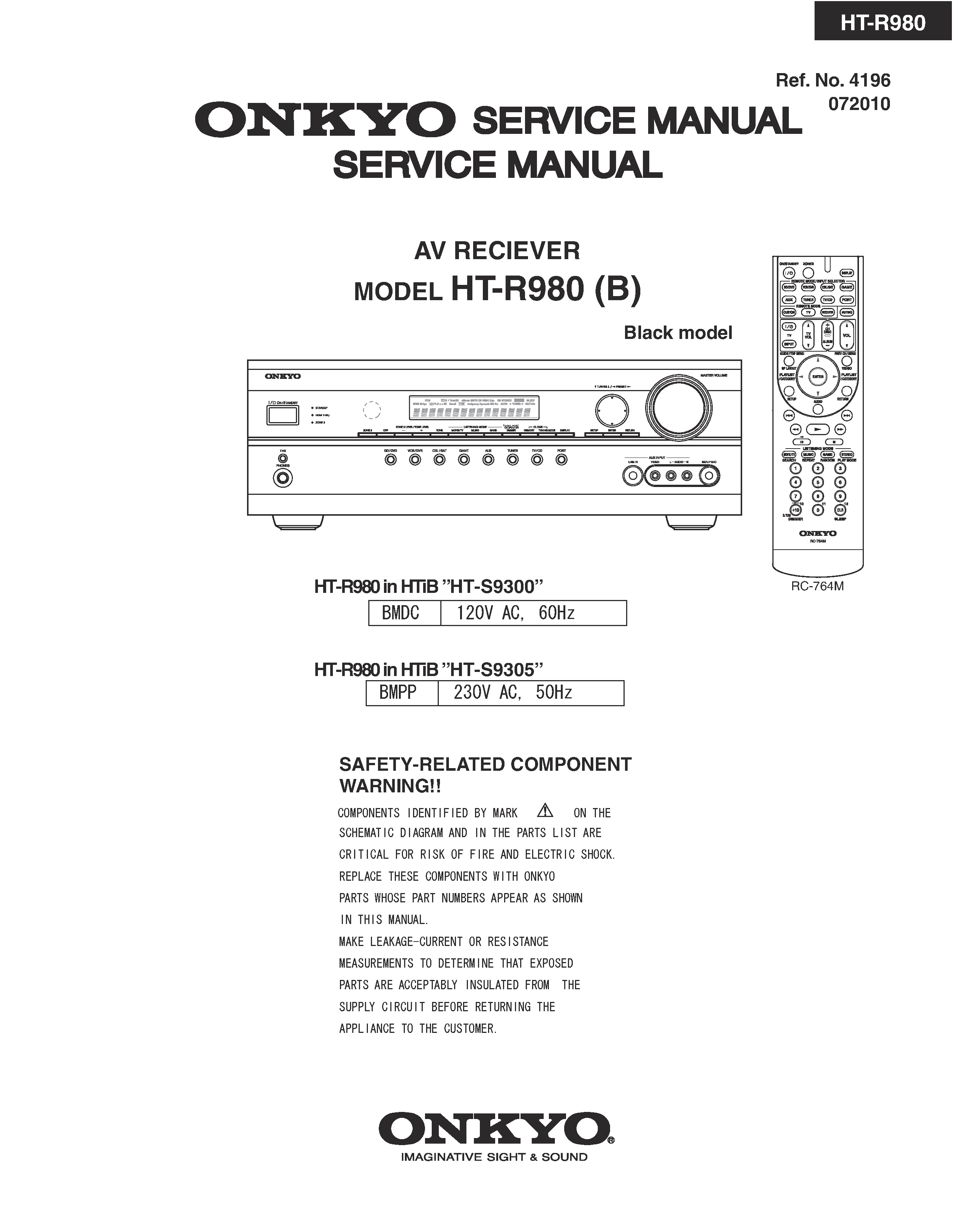 Onkyo ht r980 service manual cover with an image of the device and its remote control, model type and code, manual issue date and service safety precaution notice