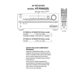 Onkyo ht r990 service manual cover with an image of the device and its remote control, model type and code, manual issue date and service safety precaution notice