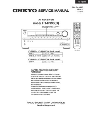Onkyo ht r990 service manual cover with an image of the device and its remote control, model type and code, manual issue date and service safety precaution notice