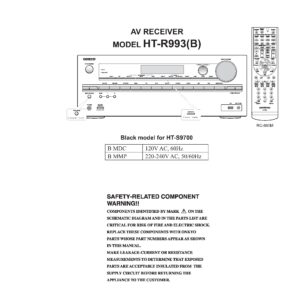 Onkyo ht r993 service manual cover with an image of the device and its remote control, model type and code, manual issue date and service safety precaution notice