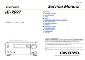 Onkyo ht r997 service manual cover with an image of the device and its remote control, model type and code, manual issue date and service safety precaution notice