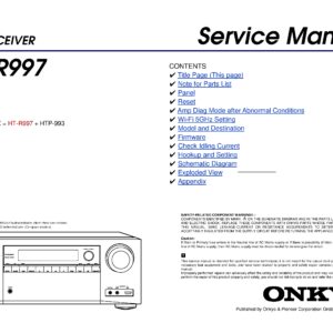 Onkyo ht r997 service manual cover with an image of the device and its remote control, model type and code, manual issue date and service safety precaution notice