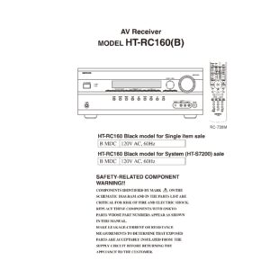 Onkyo ht rc160 service manual cover with an image of the device and its remote control, model type and code, manual issue date and service safety precaution notice