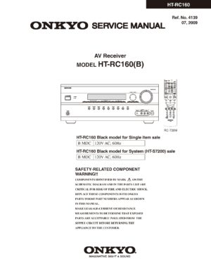 Onkyo ht rc160 service manual cover with an image of the device and its remote control, model type and code, manual issue date and service safety precaution notice