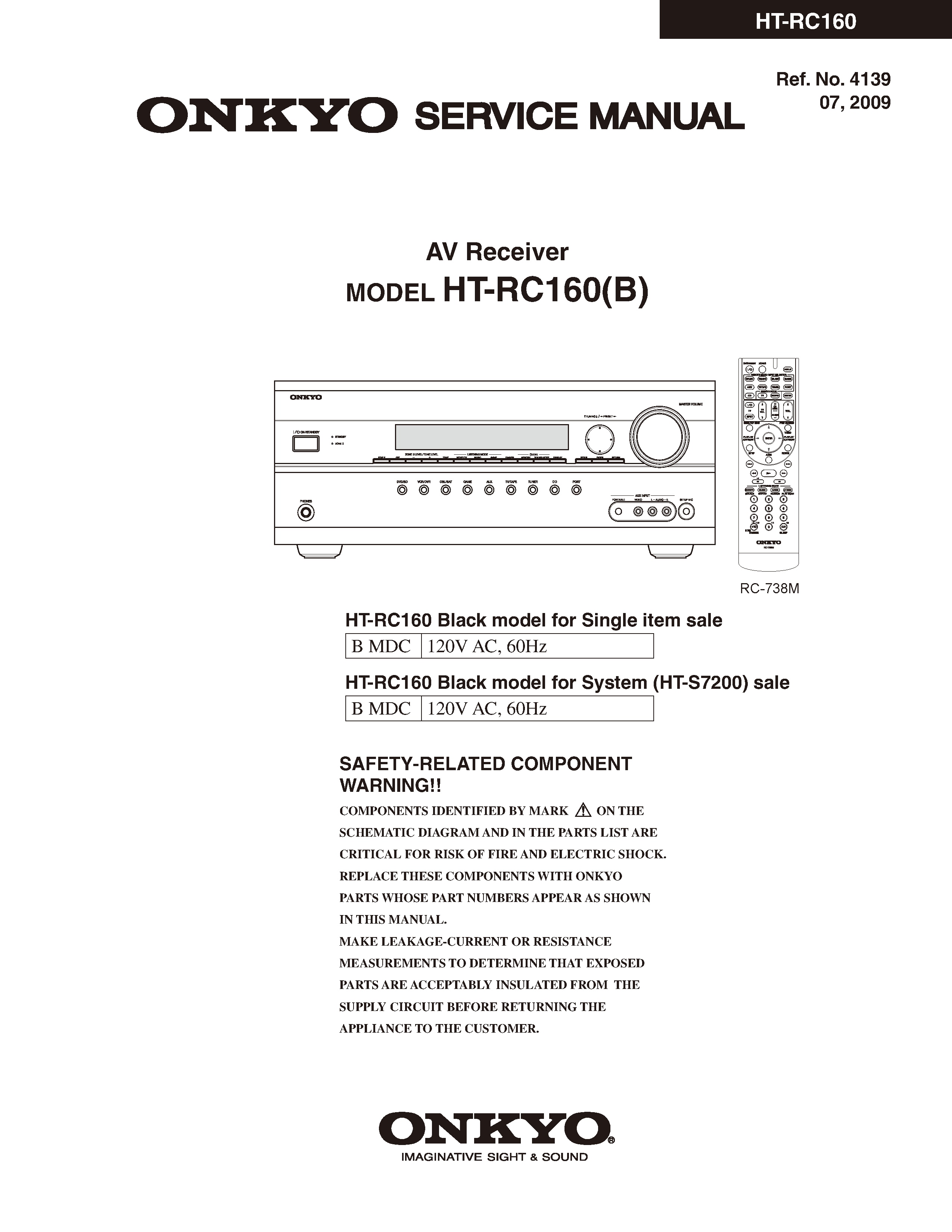 Onkyo ht rc160 service manual cover with an image of the device and its remote control, model type and code, manual issue date and service safety precaution notice