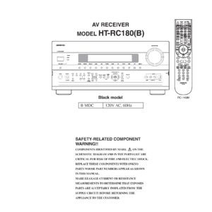 Onkyo ht rc180 service manual cover with an image of the device and its remote control, model type and code, manual issue date and service safety precaution notice