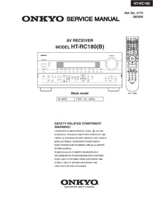 Onkyo ht rc180 service manual cover with an image of the device and its remote control, model type and code, manual issue date and service safety precaution notice