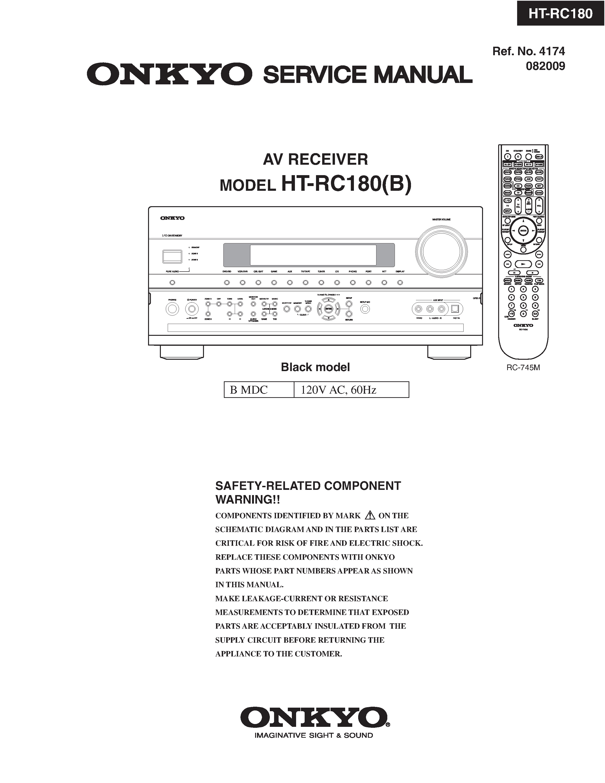 Onkyo ht rc180 service manual cover with an image of the device and its remote control, model type and code, manual issue date and service safety precaution notice