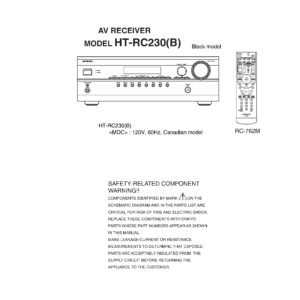 Onkyo ht rc230 service manual cover with an image of the device and its remote control, model type and code, manual issue date and service safety precaution notice