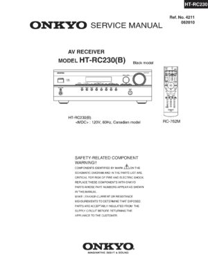Onkyo ht rc230 service manual cover with an image of the device and its remote control, model type and code, manual issue date and service safety precaution notice