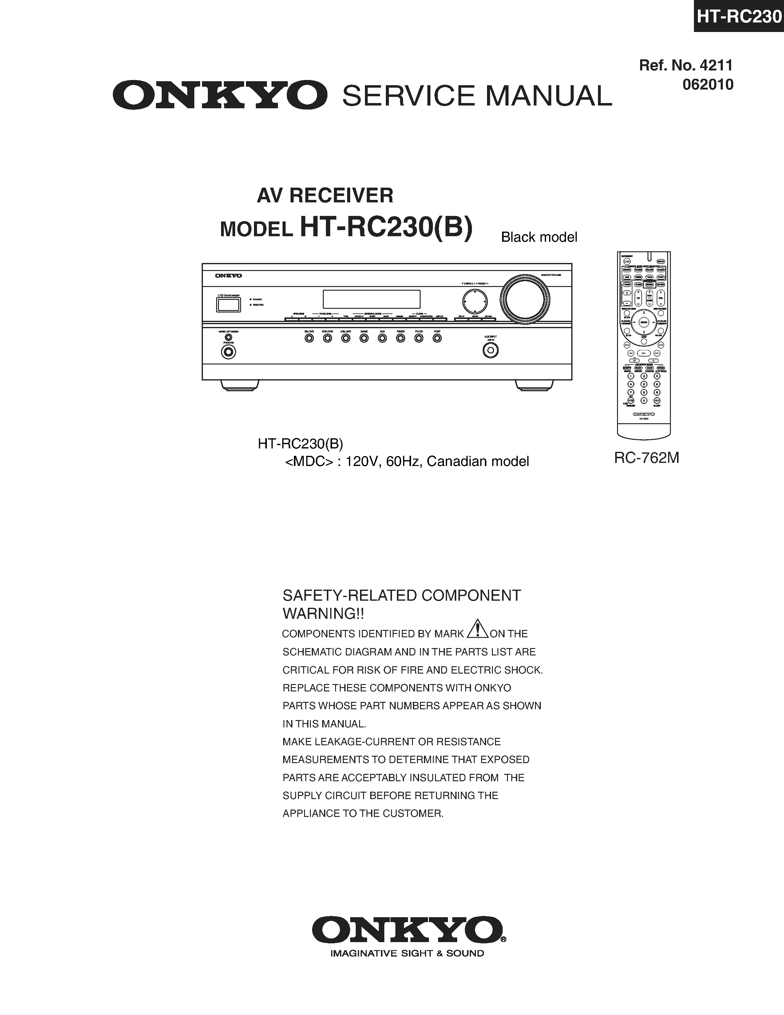 Onkyo ht rc230 service manual cover with an image of the device and its remote control, model type and code, manual issue date and service safety precaution notice
