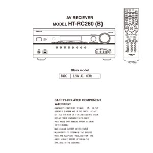 Onkyo ht rc260 service manual cover with an image of the device and its remote control, model type and code, manual issue date and service safety precaution notice