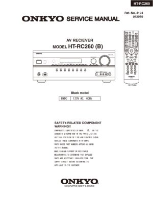 Onkyo ht rc260 service manual cover with an image of the device and its remote control, model type and code, manual issue date and service safety precaution notice