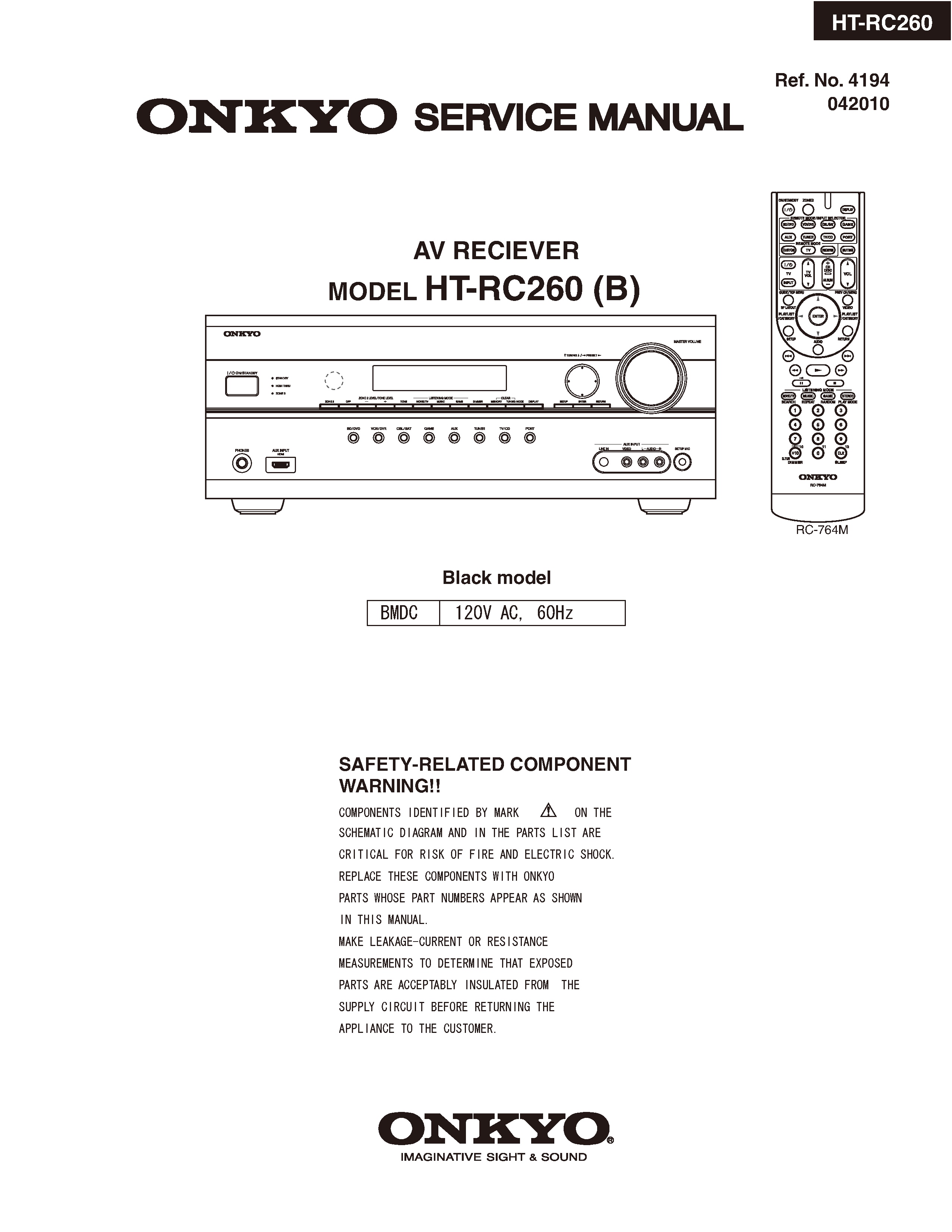 Onkyo ht rc260 service manual cover with an image of the device and its remote control, model type and code, manual issue date and service safety precaution notice