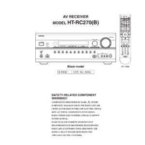 Onkyo ht rc270 service manual cover with an image of the device and its remote control, model type and code, manual issue date and service safety precaution notice