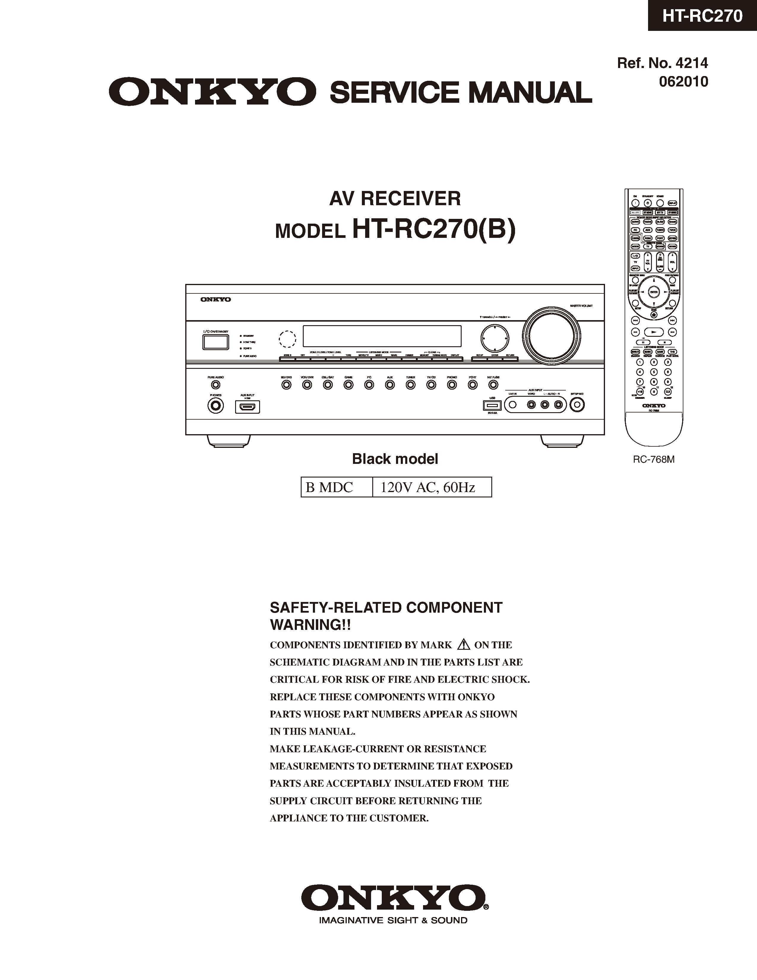 Onkyo ht rc270 service manual cover with an image of the device and its remote control, model type and code, manual issue date and service safety precaution notice