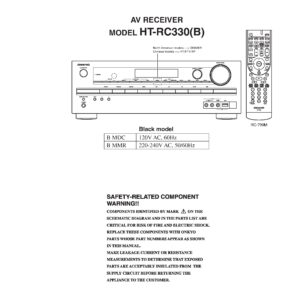 Onkyo ht rc330 service manual cover with an image of the device and its remote control, model type and code, manual issue date and service safety precaution notice