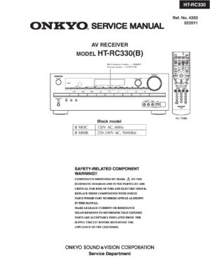 Onkyo ht rc330 service manual cover with an image of the device and its remote control, model type and code, manual issue date and service safety precaution notice