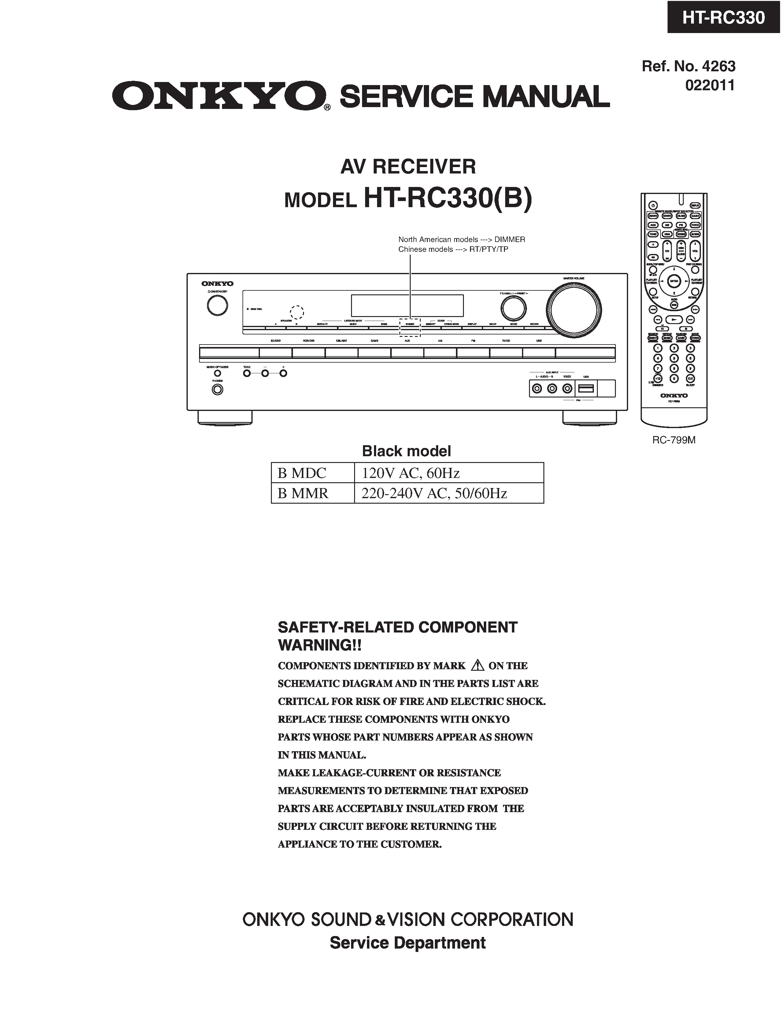 Onkyo ht rc330 service manual cover with an image of the device and its remote control, model type and code, manual issue date and service safety precaution notice